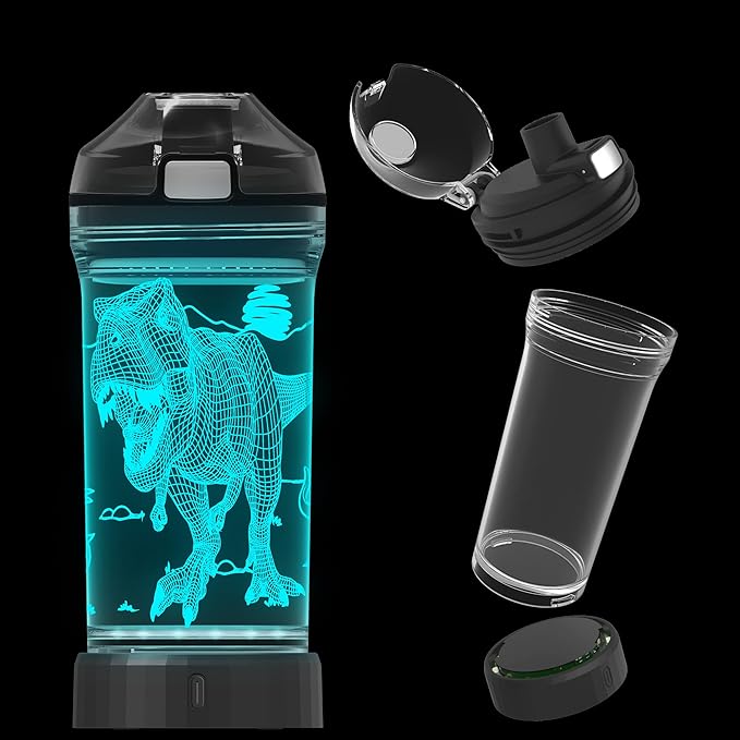 Boy Water Bottles for School, Cool Velociraptor Dinosaur Night Light for Room Decor, Tritan BPA Free Travel Cup for Back to School Girls Child Holiday Camping Picnic - 14 Oz