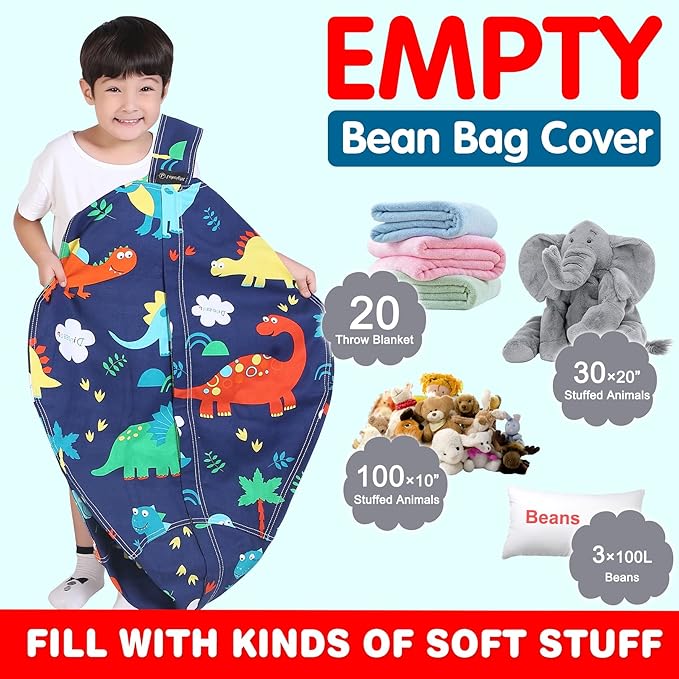 Lukeight Stuffed Animal Storage Bean Bag Chair Cover for Kids, Dinosaur Zipper Beanbag Chair Cover for Organizing Toddler and Kids' Rooms Plush Toys (Dinosaur, XX-Large)