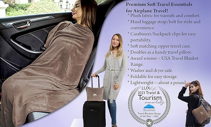BlueHills Premium Soft Travel Blanket Pillow Airplane Flight Blanket Throw in Soft Bag Pillow case with Luggage Belt & Backpack Clip Compact Pack Large Blanket Taupe T023