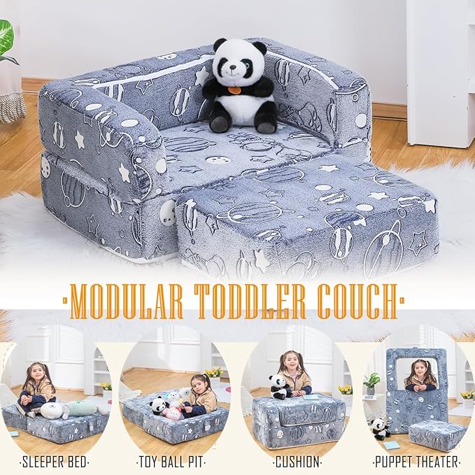 Kids Sofa Couch 3-in-1 Modular Toddler Couch Glowing Grey Baby Couch Foam Armchair for Boys & Girls Children Convertible Sofa to Lounger Plush Fold Out Sofa Play Set with One Ottoman, One Seat