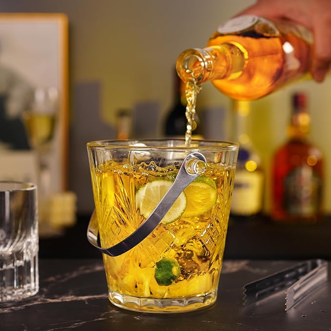 Clear Glass Ice Bucket with Ice Tong and Handle Crystal Ice Cube Busket Cocktail Bar Champagne Bucket for Parties Wine Accessory