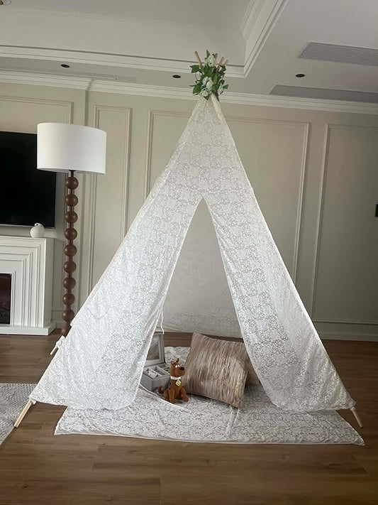 Miyaya 5-Sided Lace Huge Teepee, Indoor/Outdoor Party Central, 80" x 80" x 87" Indian Style Adult Tent,Princess Lace Party,Wedding Teepee, Beach Tent,Picnic Tent (White)
