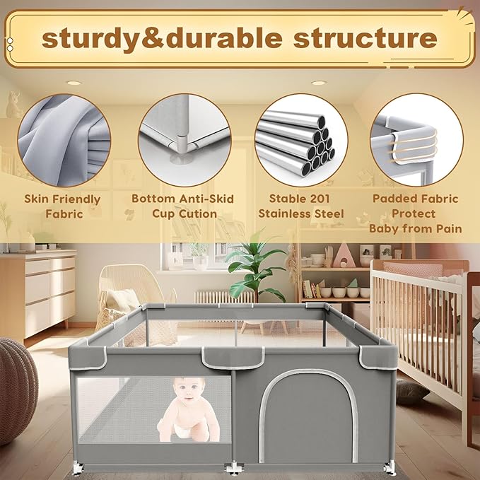 Baby Playpen 50 x 50 Inch Play Pen Playards, Playpen for Babies and Toddlers, Baby Playard for Indoor & Outdoor Active Center Game Fence, with Skin-Friendly Fabric and Soft Breathable Mesh Grey