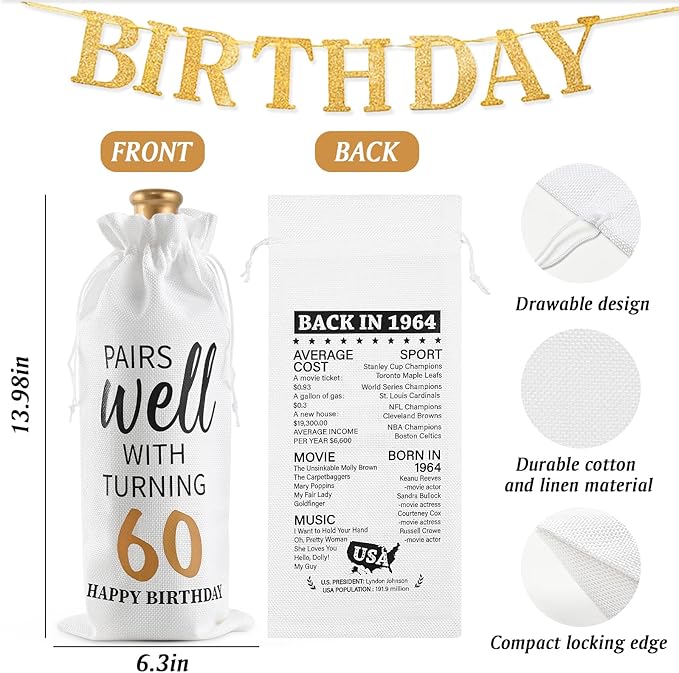 Lifecapido 60th Birthday Gifts for Women, Vintage 1964 Limited Edition Insulated Wine Tumbler with Wine Bag, 60 Year Old 60th Birthday Presents Christmas Gifts for Mom Grandma Wine Lover, 12 oz