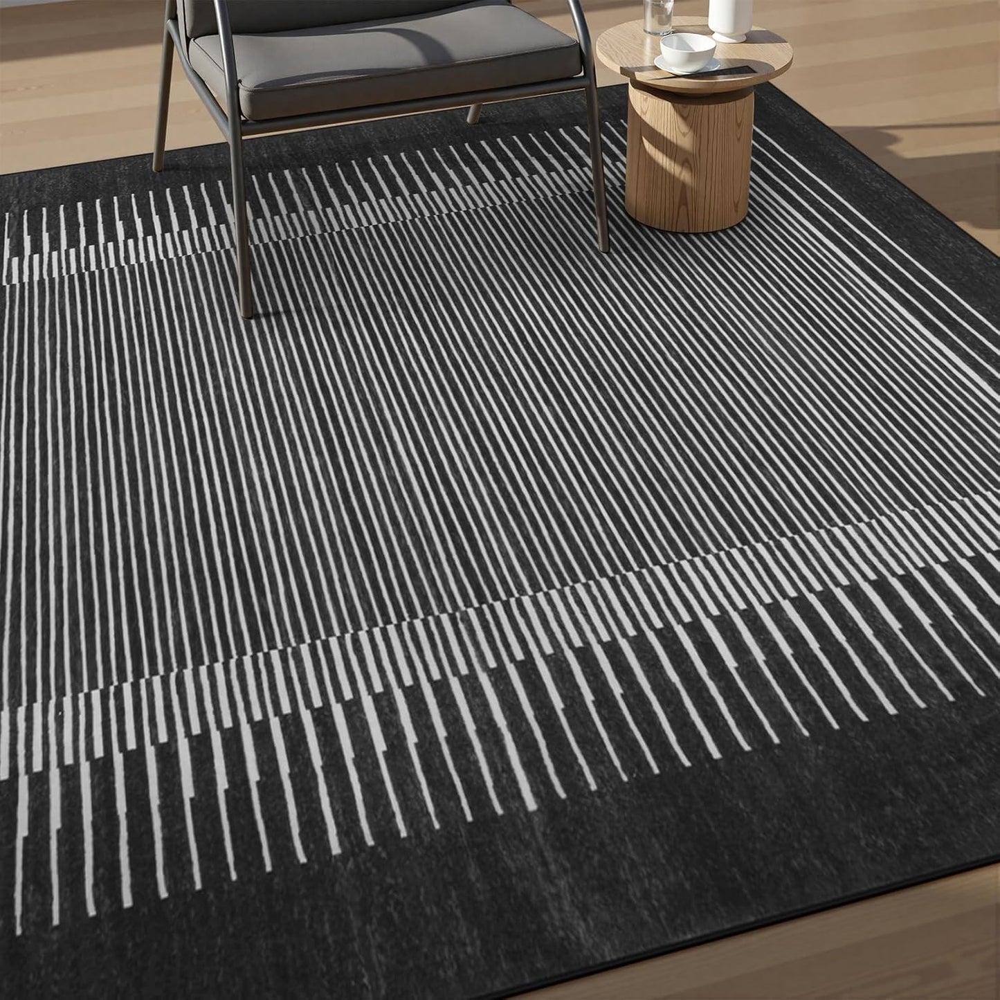 Wonnitar Washable Striped 5x7 Washable Area Rug, Non-Slip Black Berber Stripe Rugs for Living Room, Low Pile Minimalist Floor Carpet Rugs for Bedroom Dining Room Home Office (Black,5' x 7')
