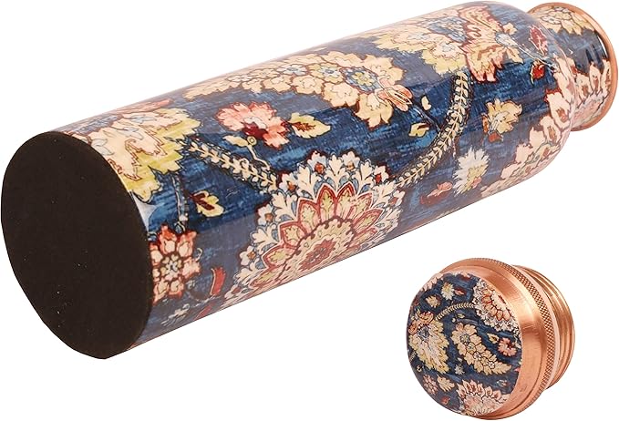 Pure Copper Water Bottle - Handcrafted - Ayurveda health benefits - Large 35 oz - Leak proof - Easy to carry for Sports, Fitness, Yoga, School - Indigo Blue Base Floral Patterns Enamel