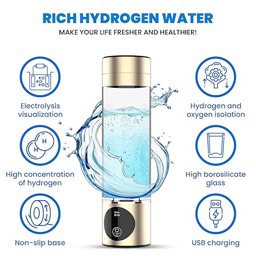 Gold Hydrogen Water Bottle Generator- [+3000-5000PPB] Latest Generation Hydrogen Generator Water Bottle with LED Display & Extended Battery Life- Compact, Portable (Gold)