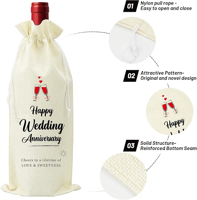 Omoojee 4 Pcs Wedding Anniversary Wine Bag, Couple Gift for Married Anniversary, Flax Drawstring Wine Bag