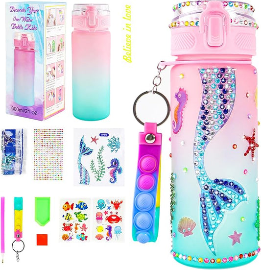 DCDD Decorate Your Own Water Bottle Kits for Girls Age 4-10, Mermaid Kids Water Bottle Stickers for Birthday Gifts, School, Travel and Christmas, 20 oz Leak-Proof