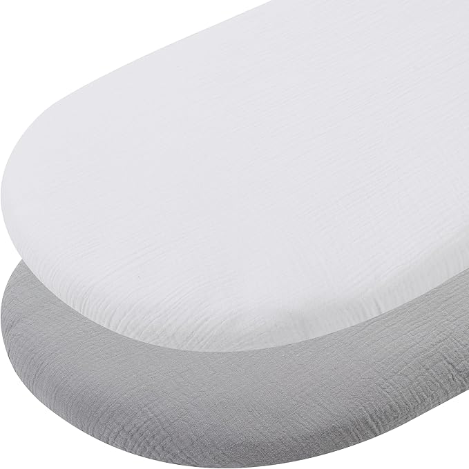 Muslin Bassinet Sheets 30"x 16" Compatible with Fisher-Price Soothing Motions and Dream On Me Lacy Baby Bassinet, 2 Pack 100% Cotton, White and Grey