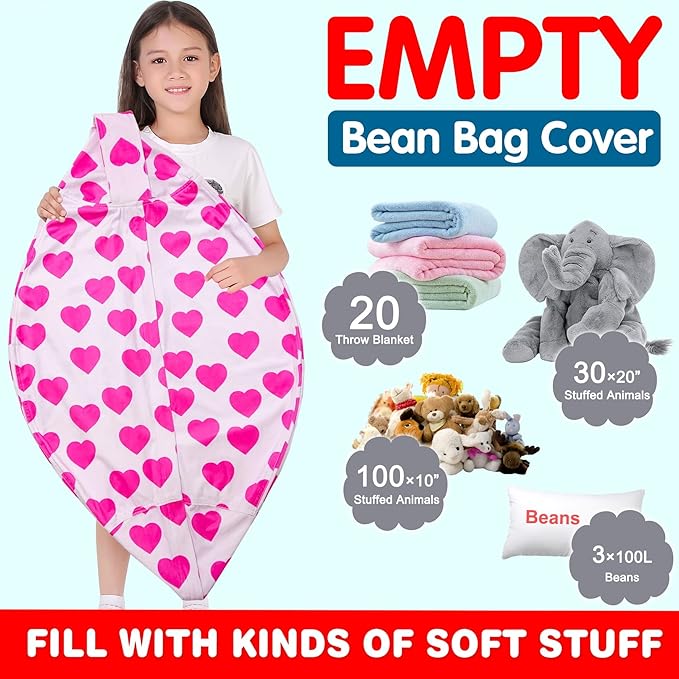 Lukeight Stuffed Animal Storage Bean Bag Chair Cover for Kids, Zipper Beanbag Chair Cover for Organizing Toddler and Kids' Rooms Plush Toys (Heart Velvet, XX-Large)