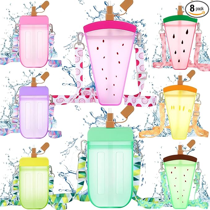 Patelai 8 Pcs Cute Water Bottles with Straw Kawaii Watermelon Ice Cream Cups Leak Proof Drinking Bottles with Adjustable Shoulder Strap for Sports Travel Camping(Classic Style)