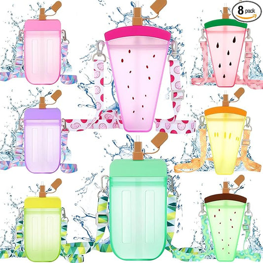 Patelai 8 Pcs Cute Water Bottles with Straw Kawaii Watermelon Ice Cream Cups Leak Proof Drinking Bottles with Adjustable Shoulder Strap for Sports Travel Camping(Classic Style)