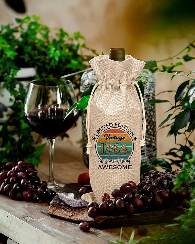 Disfuco 60th Birthday Wine Gift Bag, 1964 Birthday Gift Wine Bag, Burlap Wine Bottle Cover Bag For Women Men, Friends, Daughter, Son, Newphew, Niece, 1 Pc (B05)