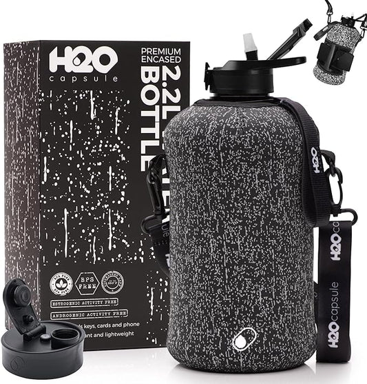 H2O Capsule 2.2L Half Gallon Water Bottle with Storage Sleeve and Covered Straw Lid – BPA Free Large Reusable Drink Container with Handle - Big Sports Jug, 2.2 Liter (74 Ounce)