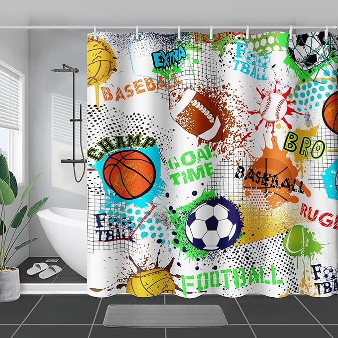 AILONEN Sport Shower Curtain,Graffiti Basketball Football Baseball Rugby Sport Art Bath Curtain Minimalist Bathroom Curtain 72" W*84" H Polyester Waterproof Bathroom Curtain with 12 Hooks