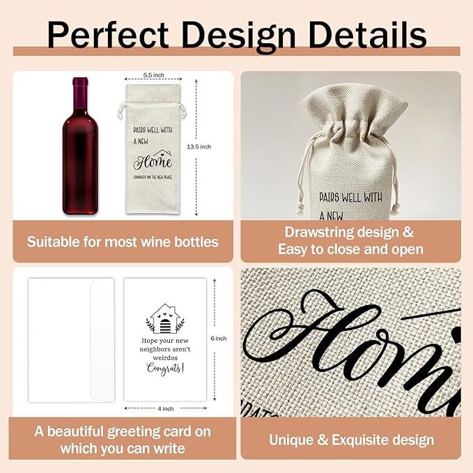 Housewarming Wine Gift Bags & Card, First New Home House Gifts for Women Men Wife Husband Friend Home Owner, 1 pcs Reusable Burlap Wine Gift Bags for Wine Bottles, Housewarming Party Decor Favor -35