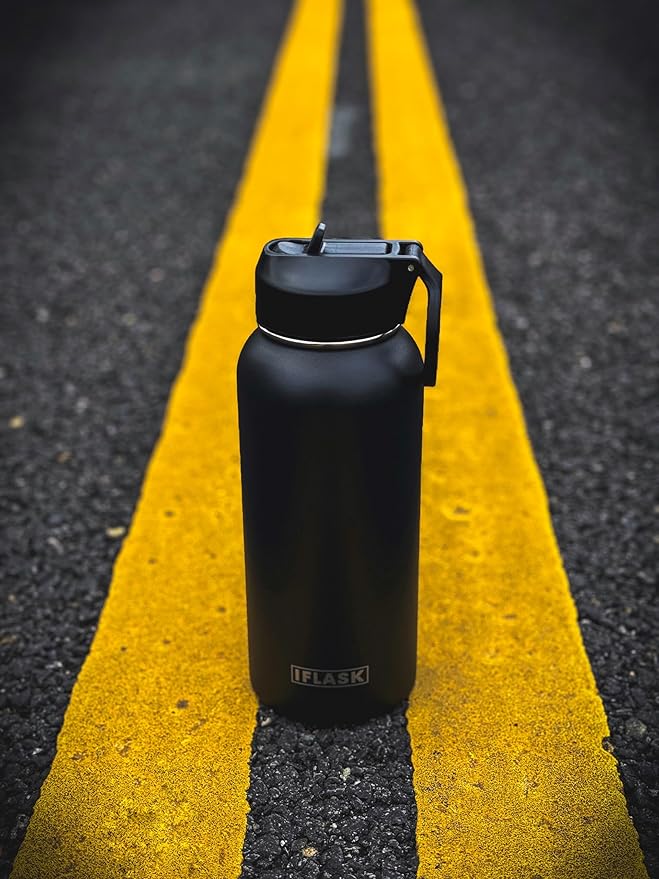 Sport Travel Outdoor Water Bottle with Spout and Straw Lids | Leak Proof | Insulated Stainless Steel Double Walled | BPA and Sweat free | Hot & Cold | For Kids Men & Women (Black, 32 oz)