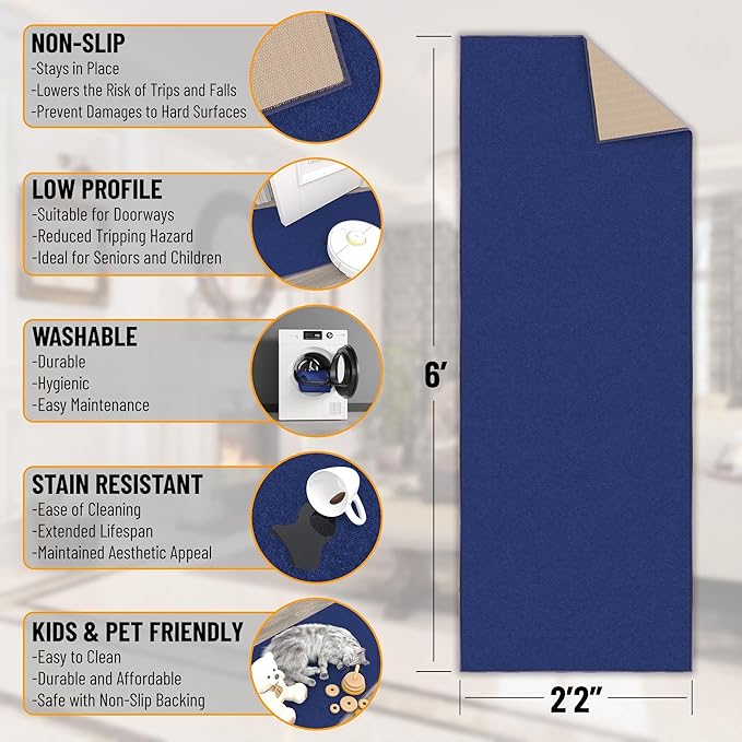 Machine Washable Modern Solid Design Non-Slip Rubberback 2x6 Traditional Runner Rug for Hallway, Kitchen, Bedroom, Living Room, 2'2" x 6', Navy