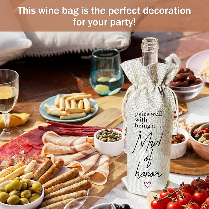 Maid of Honor Gift Wine Gift Bag, 1pcs Reusable Burlap Drawstring Wine Gifts Bag for Wine Bottles, Wedding Engagement Bridal Shower Holiday Party Favor -02
