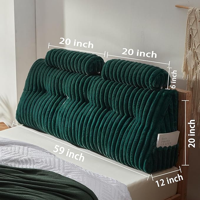 Faux Fur Headboard Pillow with 2 Pack Neck Roll Pillow Large Headboard Pillow Soft and Supportive with Removable Cover (Green, Queen)