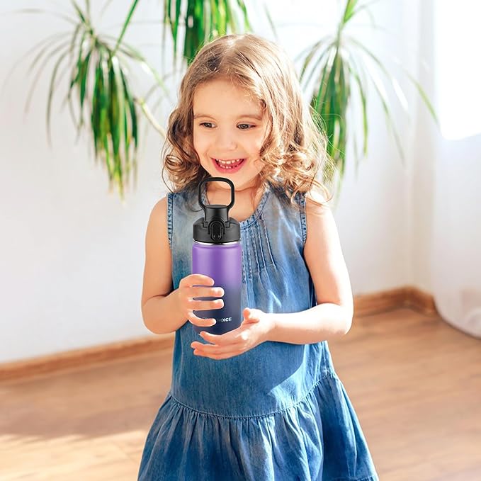 Kids Insulated Water Bottle with Straw,14oz Stainless Steel Water Bottle,BPA-free and Leak-proof,Double Wall Vacuum Water Flask for School,Gifts for Boys and Girls（14oz,Purple Navy blue）