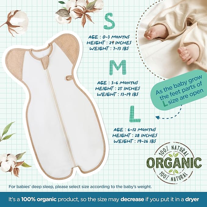 Swaddle, Organic, Air mesh, White, Small, Newborn, 0-3 Months, 7-13 lbs, Transition Baby Sleep Sack Allow Your to Sleep in a Preferred up-arm Position, Designed for Free Hand Movement