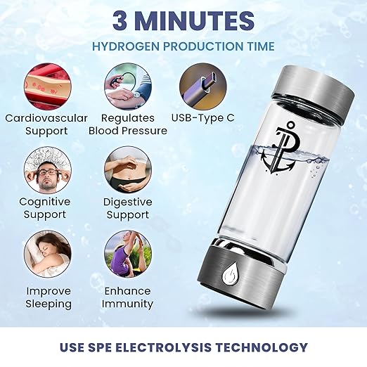 Hydrogen Water Bottle Generator | Durable SPE PEM Electrolysis Technology Hydrogen Water in 3 Min | Portable Water Quick Ionizer Machine for Home, Office, Travel, Exercise, Daily Use & Gifts (Silver)