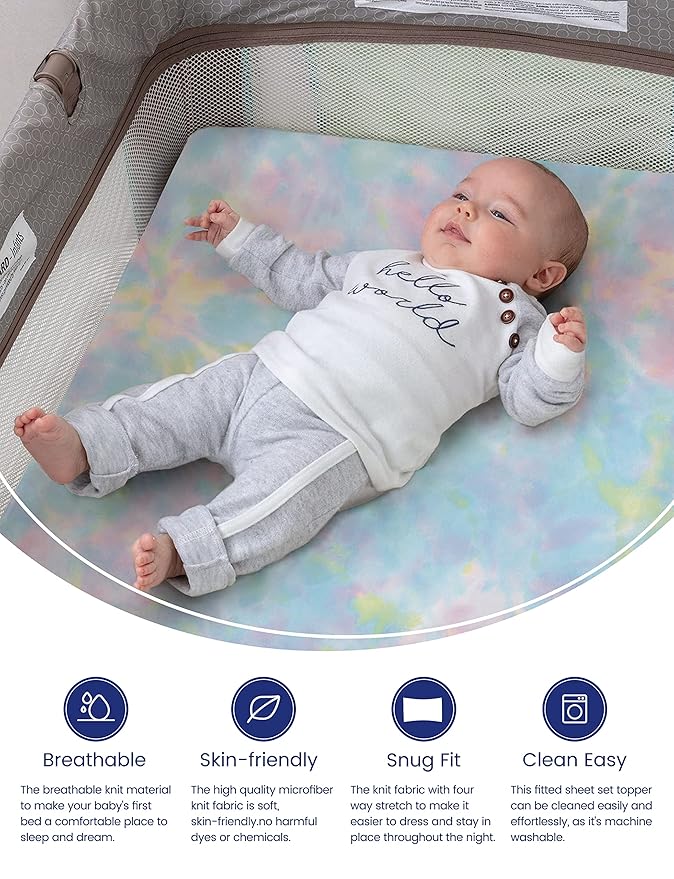 TotAha Premium Stretchy Pack N Play Playard Sheets | Mini Crib Sheets (2-Pack)-Hypoallergenic, Silky Comfort, AButtery Soft, Calming Effect, All-Season Jersey-Knit (Rainbow & Tie dye)