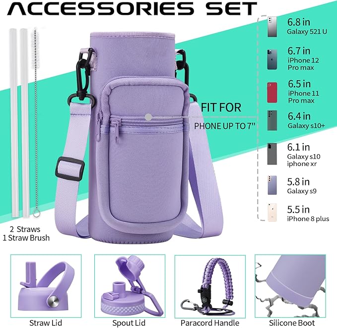 40 oz Water Bottle with Straw - Insulated Vacuum Water Flask with Straw & Auto Spout Lid, Paracord Handle & Carrying Pouch, Keep Cold 48H Hot 24H, Sweat-Proof Thermal Water Jug with Strap for Hiking