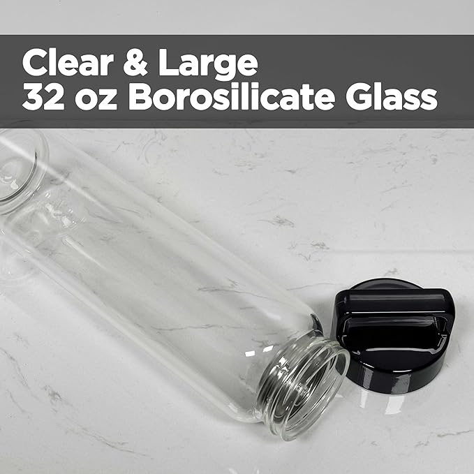 32 oz Clear Glass Water Bottle | Cold Brew Fruit Inufser Water Bottle (Black Lid)