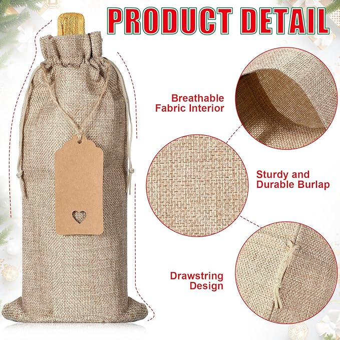 Berlune 72 Pcs Burlap Wine Bags Bulk Wine Bottle Gift Bag for Mother's Day Cloth Wine Bags, Reusable Wine Gift Bags with Drawstrings Tags for Wine Bottles for Holidays Wedding Birthday Party Favors