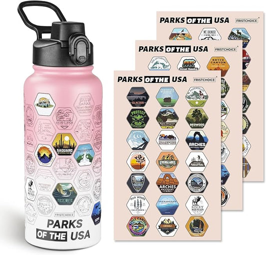 National Parks Water Bottle with Stickers and Straw,32oz Double Wall Vacuum Wide Mouth Insulated Water Bottle for Travel,BPA-free and Leak-proof (32oz,Pink White)
