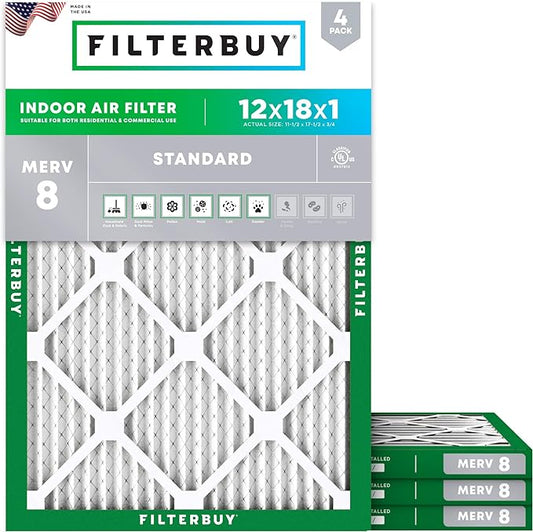 Filterbuy 12x18x1 Air Filter MERV 8 Dust Defense (4-Pack), Pleated HVAC AC Furnace Air Filters Replacement (Actual Size: 11.50 x 17.50 x 0.75 Inches)
