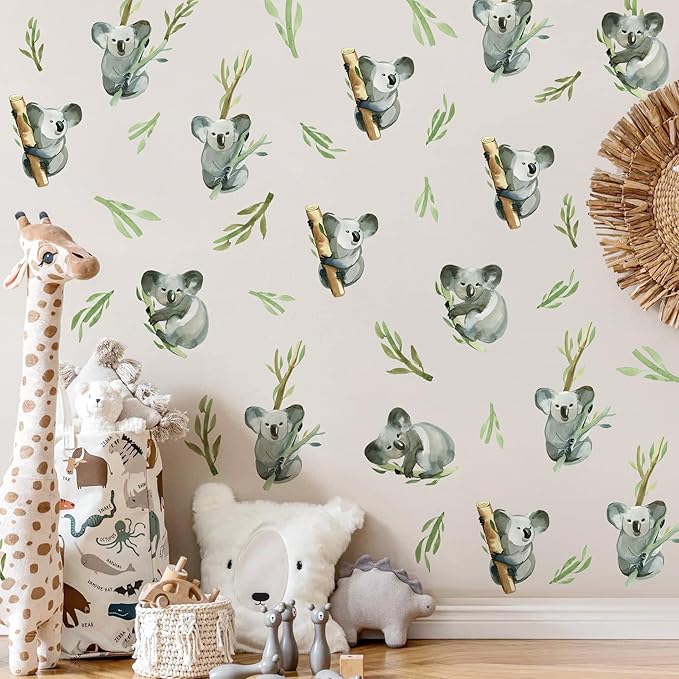 5 Sheets Cartoon Animal Wall Decal Removable DIY Koala Wall Decal Peel and Stick Branch and Leaves Wall Stickers Wall Art for Baby Nursery Bedroom Living Room Playroom Decor