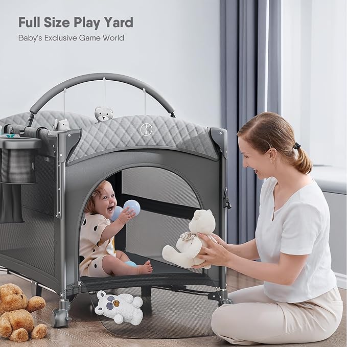 4 in 1 Baby Bassinet, Pack and Play, Bedside Crib Sleeper, Diaper Changer - Comes with Mattress, Mosquito Net，Bottom Storage and Toy Bar for Newborn to Toddles