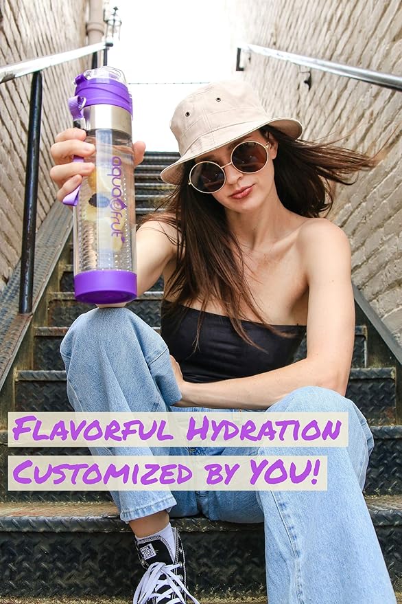 NEW Improved AquaFrut Bottom Loading Fruit Infuser Water Bottle Complete Bundle Includes Bottle Brush, Insulating Sleeve & Infusion Recipe eBook. Leak Proof Sweat Proof BPA-Free (Purple)
