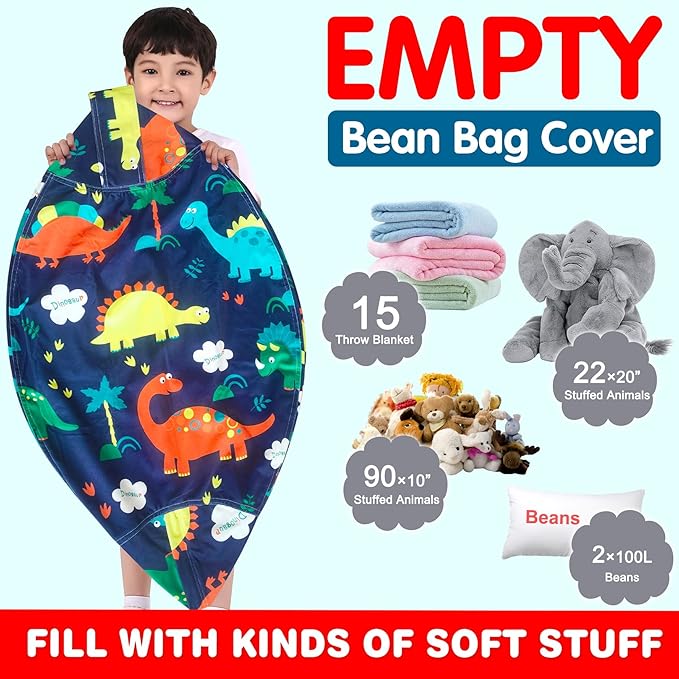 Lukeight Stuffed Animal Storage Bean Bag Chair Cover for Kids, Dinosaur Zipper Beanbag Chair Cover for Organizing Toddler and Kids' Rooms Plush Toys (Dinosaur Navy, X-Large)