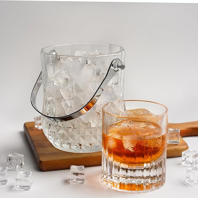 Glass Ice Bucket with Handle and Ice Tong Clear Crystal Ice Buckets for Cocktail Bar Wine Home Bar Accessories Parties Clear Champagne Bucket