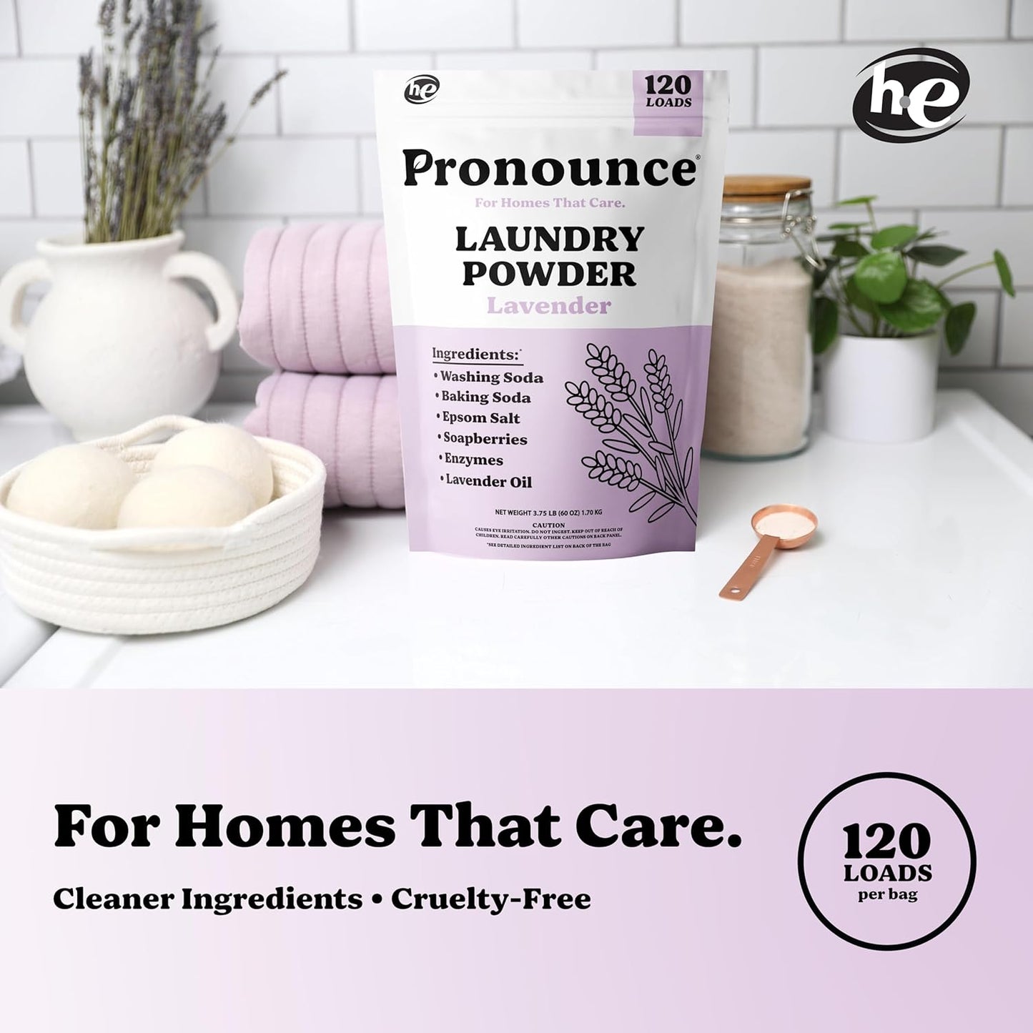 Pronounce Laundry Detergent Powder Alternative | Earth-Derived Ingredients, Eco-Friendly, Safer for Sensitive Skin, Eczema, and Babies. Stain + Smell Fighting. HE Safe (Lavender, 120 Loads).