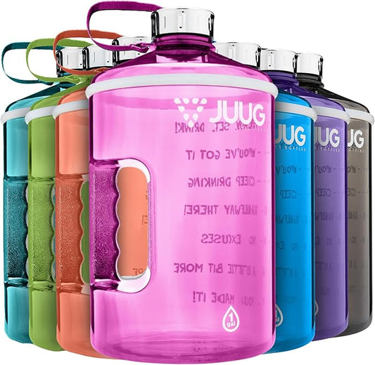 JUUG 1 Gallon Water Bottle with Times to Drink - Gallon Water Jug with Handle - 128oz Leakproof BPA Free Bottle for Gym Fitness- One Gallon Water Bottle with Motivational Time Markers