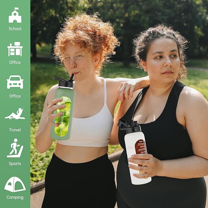 SIEROZUR 32 oz Glass Water Bottle with Straw and Handle Large Sports Motivational Water Bottle with Time Marker and 2 Lids, Leakproof Reusable Water Jug with Silicone Sleeve for Gym