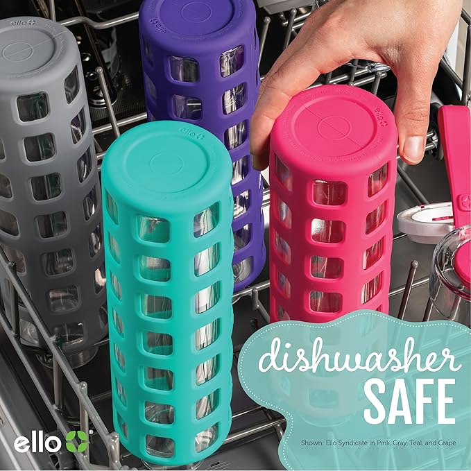 Ello Syndicate Glass Water Bottle with One-Touch Flip Lid and Protective Silicone Sleeve and Carry Loop, BPA Free, Dishwasher Safe,20oz