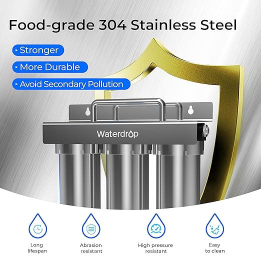 Waterdrop TST-UF 0.01μm Ultra-Filtration Under Sink Water Filter, Stainless Steel, 5X Service Life,Remove 99.99% of Contąminants Larger Than 0.01μm, with Dedicated Faucet, USA Tech (3 Filter Included)