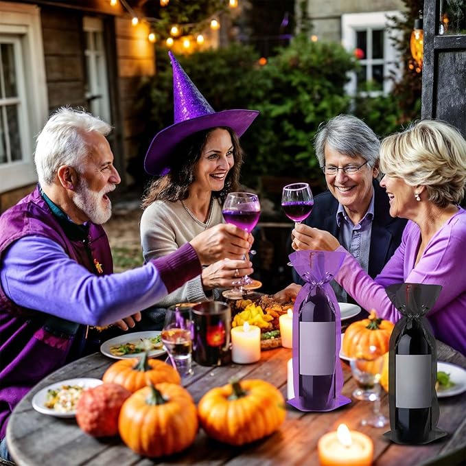 Megitzuu 20 Pieces Organza Wine Bags, 14.6 x 5.5 Inch Wine Gift Bag with Drawstring Sheer Mesh Wine Gift Pouches Bottle Covers for Halloween Christmas Wedding Party Favors (Black+Purple)