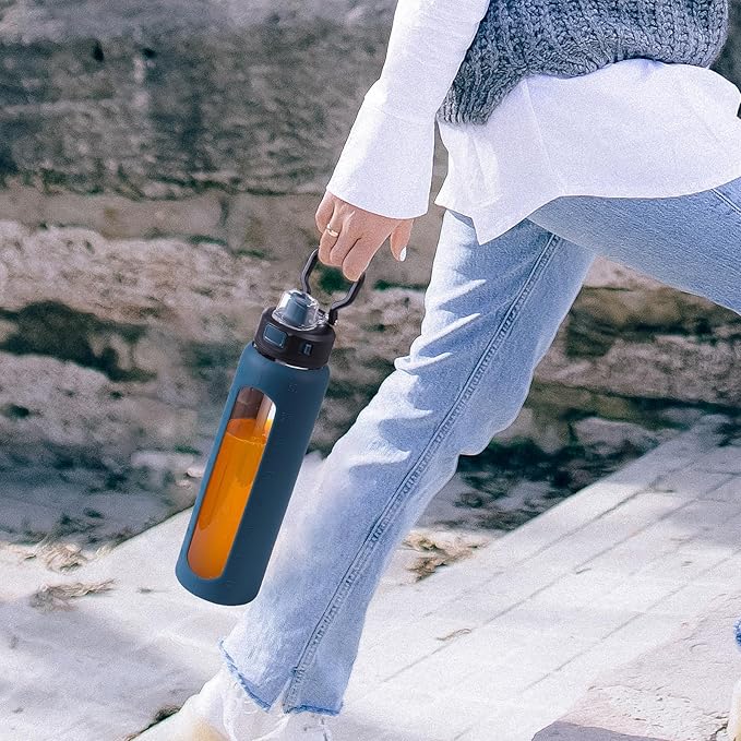 Kodrine 32 oz Glass Water Bottle with Soft Silicone Spout, Locking Lid, and Carry Loop, Navy Blue