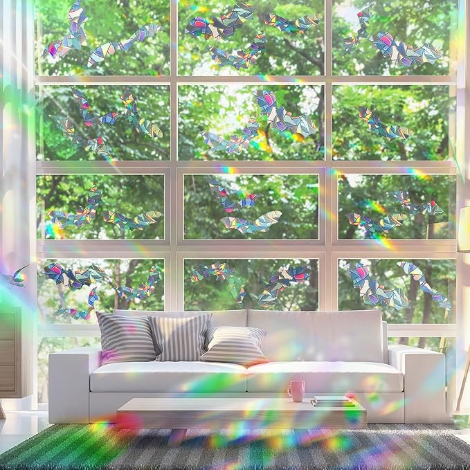 4Pcs Bat Window Stickers, Prism Color Window Decals to Prevent Bird Strikes Bird Window Strike Prevention Window Alert Decals for Birds Strikes, Anti Collision Window Stickers for Birds Window Decals