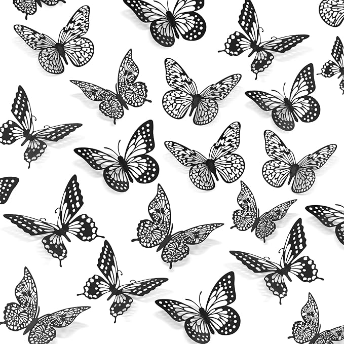 SAOROPEB 3D Butterfly Wall Decor 48 Pcs 4 Styles 3 Sizes-Butterfly Birthday Decorations&Butterfly Party Decorations&Butterfly Cake Decorations-Removable Gold Butterfly Decorations (Black)
