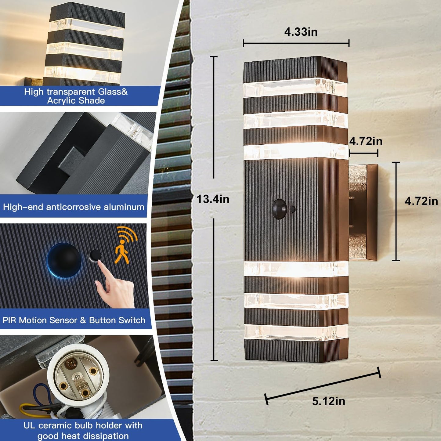 2 Pack Motion Sensor Outdoor Wall Light Fixture Up Down Porch Lights Modern Dusk to Dawn Exterior Sconce Light Wall Mount Outside Coach Lantern for House Front Door Garage (With 4 Dimmable Warm Bulbs)