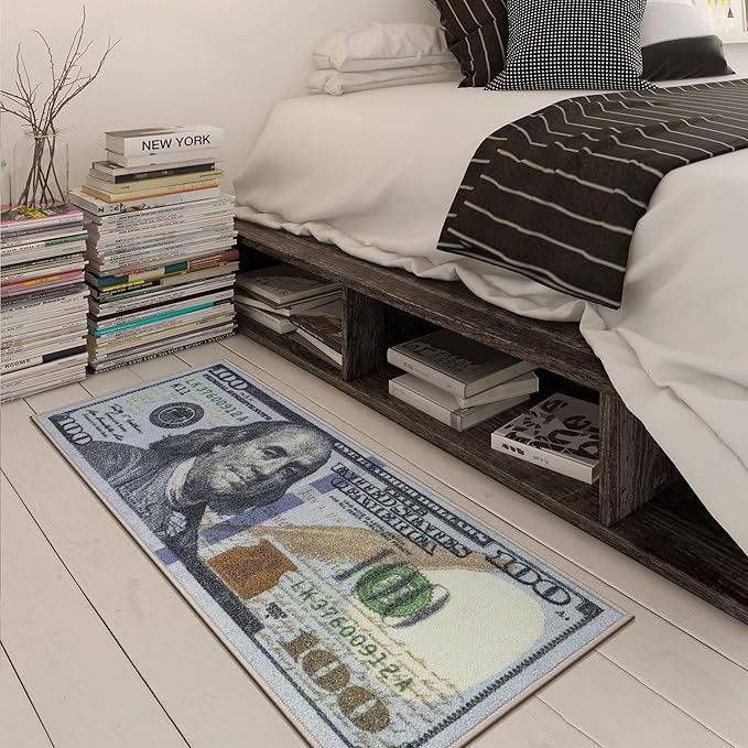 Machine Washable $100 Bill Design Non-Slip Rubberback 22x53 Modern Runner Rug for Hallway, Kitchen, Bedroom, 22" x 53", Multicolor